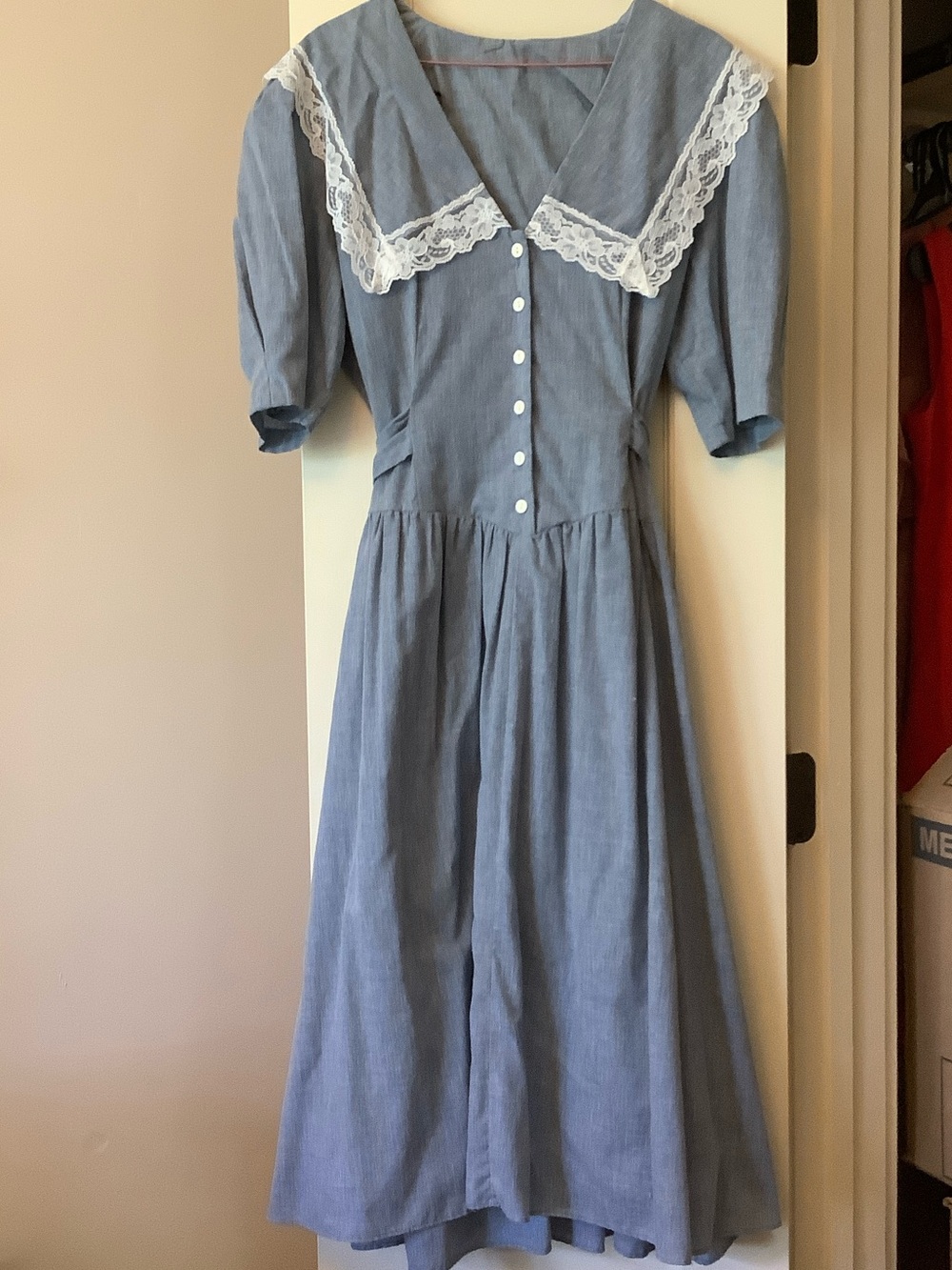 Vintage Prairie Blue Lace Collar Women's Dress - Picture 2 of 10